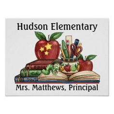 a book with an apple, books and pencils on it that says hudson elementary