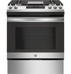 an oven that is stainless steel and has two burners on the front, and one with