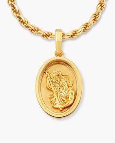 Show off your style and spirituality with our gold St. Christopher Pendant. As the patron saint of travelers, adventurers and wanderers alike will love the Saint Christopher Pendant. Pair with our gold Rope Chain for a bold fit. Mens Pendant Necklace, Gold Cuban Link Chain, St Christopher Pendant, Mens Necklace Pendant, St Christopher, Gold Rope Chains, Saint Christopher, Solid Gold Chains, The Saint