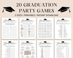 printable graduation party games with the words, 20 graduation party games and 2 sizes available instant