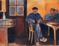 a drawing of two men sitting at a table