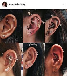 four pictures of different types of ear piercings