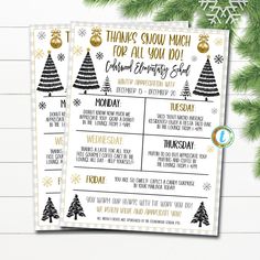 two christmas party game cards with gold and black trees on them, one is for all you