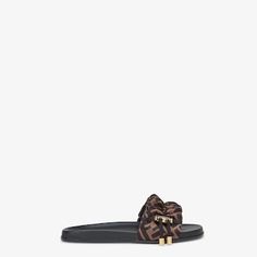 Wide-band flat slides. Made of satin with brown and tobacco-coloured FF motif. Finished with gold-finish logo stopper and drawstring. Made in Italy. Size 40 Fendi Slides, Fendi Logo Design, Slides Outfit, Fendi Store, Fendi Logo, Brown Satin, Clutch Pouch, Exclusive Gift, Women Essentials