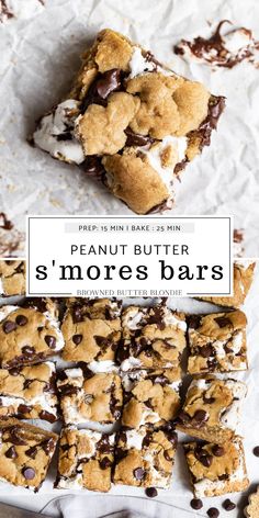 peanut butter s'mores bars with chocolate chips and marshmallows