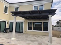 a house with an attached covered patio next to a swimming pool