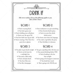 Gatsby New Year's Eve Party Drinking Game Card Printable by LittleSizzle Prohibition Party Games, Roaring 20s Games, Great Gatsby Party Food, Roaring 20s Party Food, Gatsby Party Food, New Year's Eve Party Themes, Prohibition Party, Drinking Card Games, Speakeasy Party