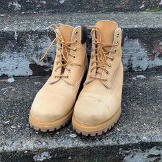 "Timberland original yellow boot made by Timberland. The boots have 7 solid brass eyelets and original laces. Made with function and craftsmanship comprising of 80 different steps, the making of these boots began in the early 1970's. These sturdy, waterproof and well made tan leather boots are in good condition, with very light wear barely worn, see photos for cosmetic condition. Size 9 M Just over 7\" Tall" Rugged Yellow Leather Boots, Sturdy Waterproof Lace-up Boots For Outdoor, Classic Yellow Lace-up Boots, Rugged Lace-up Work Boots With Rubber Toe Cap, Rugged Yellow Boots With Reinforced Toe, Yellow Rugged Boots With Reinforced Toe, Rugged Yellow Boots With Round Toe, Rugged Lace-up Boots With Rubber Toe Cap, Yellow Rugged Boots With Round Toe