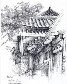 an ink drawing of a chinese house