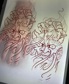 an artistic drawing on paper with red ink