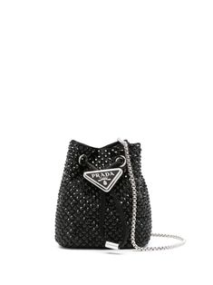 black satin finish rhinestone embellishment metal eyelet detailing logo-buckle fastening top drawstring fastening detachable chain-link shoulder strap main compartment internal logo plaque logo-jacquard lining silver-tone hardware Silver Bags With Logo Hardware For Formal Occasions, Formal Silver Bags With Logo Hardware, Luxury Silver Bag With Logo Hardware, Chic Black Bag With Silver-tone Logo Plaque, Silver Party Bags With Metal Logo, Silver Evening Bag With Logo Hardware, Evening Silver Bag With Logo Hardware, Silver Evening Shoulder Bag With Logo Hardware, Evening Silver Bags With Logo Hardware