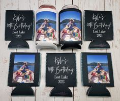 six personalized photo coasters with the names and date printed on them, sitting next to each other