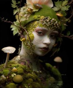 a woman with green makeup and flowers on her face is surrounded by mossy plants