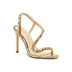 Twinkling Crystals Bring An Extra Splash Of Color To The Slender, Swooping Strap Of A Breezy Sandal Lofted By A Towering Tapered Heel. Heel Height: 3.8" Satin Slip On Imported Elegant Sparkling Pointed Toe Sandals, Gold Sparkling Sandals For Formal Occasions, Sparkling Gold Sandals For Evening, Formal Gold Sparkling Sandals, Formal Sparkling Gold Sandals, Chic Gold Sparkling Sandals, Chic Sparkling Gold Sandals, Elegant Sparkling Sandals For Formal Occasions, Elegant Formal Sparkling Sandals