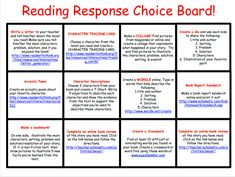 the reading response choice board is shown in red and blue, with text on it