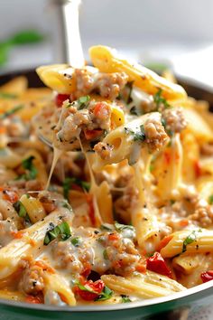 a spoon full of pasta with meat and vegetables