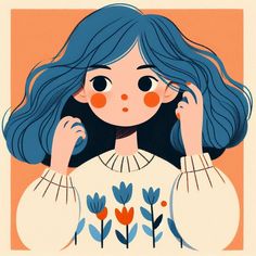 an illustration of a girl with blue hair and orange circles on her face, wearing a white sweater