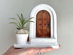 a hand holding a small potted plant next to a door