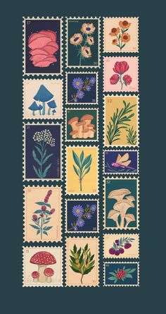 stamps with flowers and mushrooms on them, all printed in different colors to match the theme