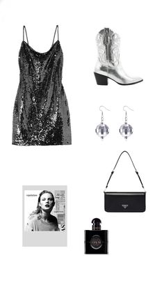 black and white fashion items including boots, handbag, purse, necklaces and earrings