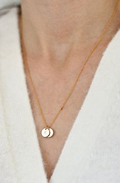 "Please note:  - Etsy delivery times are only an estimate, not a guarantee.  --- A B O U T --- Dainty 14K gold-filled necklace with the option of a blank or personalised disc.  Perfect as a gift for yourself or a loved one.  --- D E T A I L S --- Material: chain and pendant both are 14K gold filled Pendant size:  9mm diameter x 0.8mm thick  If you would like it personalised just leave a note when instructed by Etsy or in the notes section at check out. - Available in 16\" 18\" and 20\"  inch len Dainty Initial Necklace, Custom Initial Necklace, Chain And Pendant, Circle Studs, Disc Pendant, Custom Initials, Special Delivery, Engraved Necklace, Name Necklaces