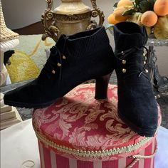 Vintage Donna Karan Black Suede Booties With Knit Top At Ankle::3”Heel Laces And Gold Colored Brads Sz 8.5 ::Never Worn Beautiful Condition With No Visible Issues Black Suede Booties, Shoes Vintage, Donna Karan, Suede Booties, Vintage Shoes, Black Suede, Bootie, Bootie Boots, Knit Top