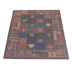 a multicolored rug with many different designs on it