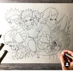 someone is drawing an anime scene on paper