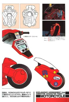 an advertisement for a motorcycle that is red and black with pictures of the parts on it