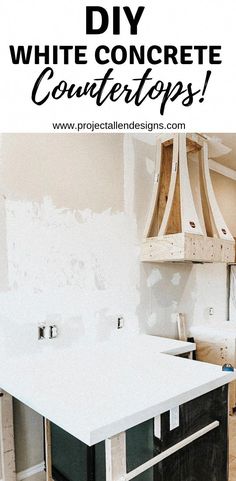 a white counter top in a kitchen under construction with the words diy white concrete countertops