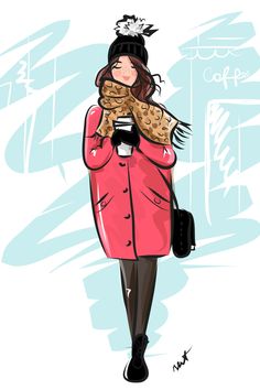 a woman in a pink coat is holding a coffee cup and wearing a leopard print scarf