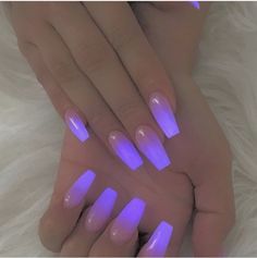 Purple Glow In The Dark Nails Acrylic, Glow In The Dark Nails Designs Neon, Purple Glow In The Dark Nails, Garba Nails, Fairy Stones, Neon Acrylic Nails, Purple Acrylic Nails, Glitter Manicure