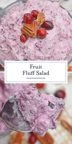 fruit fluff salad with pecans and cranberries on top in a glass bowl