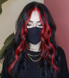 Color Money Piece Hair Brunette, Colored Hair Money Piece, Money Bag Hair Color, Deep Red Money Piece Hair, Brown Hair With Red Money Piece Highlights, From Black Hair To Red, Fantasy Color Money Piece Hair, Red Money Peice Black Hair, Short Black Hair With Red Money Piece