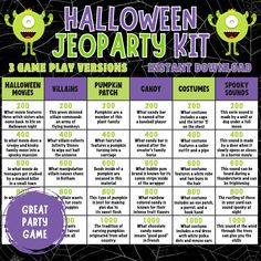 the halloween jeopa party kit is shown in purple and black with green monsters on it