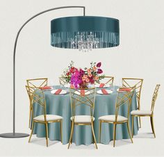 a dining room table with chairs and flowers on the centerpiece, next to a floor lamp