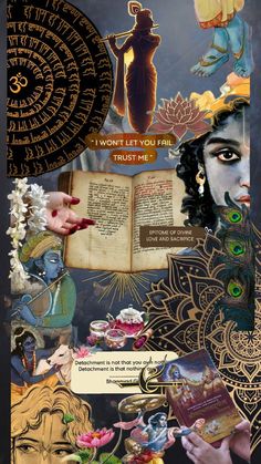 the collage has many different pictures and words on it, including an open book