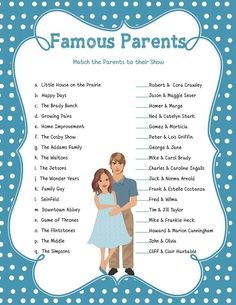 a blue and white printable poster with the words famous parents on it's side