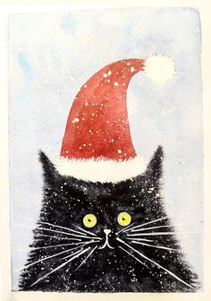 a painting of a black cat wearing a santa hat