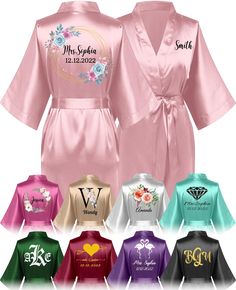 the bridesmaid robes are all different colors