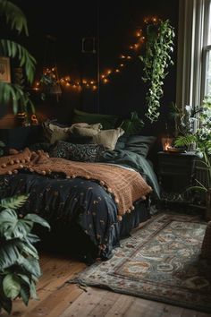 a bedroom with plants and lights on the wall above the bed, along with a rug