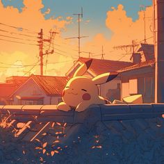 a pokemon pikachu sitting on top of a wall in front of some houses