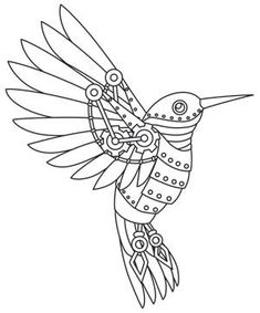 a black and white drawing of a hummingbird with wings spread out, it's head