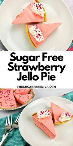 two slices of sugar free strawberry jello pie on white plates