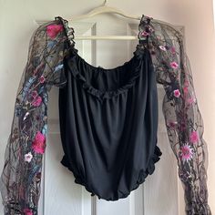 Xl From Shien. Never Worn, No Issues. Great Condition Black Top With Floral Embroidery For Night Out, Black Tops With Floral Embroidery For Night Out, Black Long Sleeve Tops With Floral Embroidery, Black Floral Embroidered Long Sleeve Tops, Black Embroidered Tops For Night Out, Embroidered Black Blouse For Night Out, Black Embroidered Blouse For Night Out, Black Blouse With Floral Embroidery For Night Out, Black Embroidered Stretch Tops