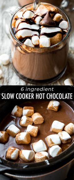 chocolate pudding in a bowl with marshmallows on top and the words, 6 ingredient slow cooker hot chocolate