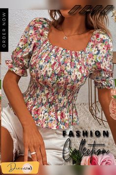 Women's Elegant Bodycon Blouses Top Summer Casual Print Square Neck Gathered Short Sleeve Floral Short Shirts Women Blouses Feminine Fitted Multicolor Tops, Fitted Feminine Multicolor Tops, Non-stretch Multicolor Floral Print Blouse, Non-stretch Multicolor Floral Print Tops, Multicolor Floral Print Non-stretch Top, Trendy Fitted Floral Print Blouse, Fitted Casual Blouse With Floral Print, Fitted Floral Print Blouse For Summer, Fitted Multicolor Puff Sleeve Blouse