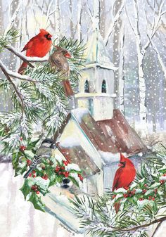 a painting of a cardinal sitting on top of a church in the snow with holly