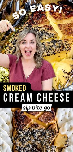 Smoked cream cheese traeger appetizer recipe photos with Jenna Passaro food blogger and text overlay Cream Cheese Smoked, Smoked Cream Cheese Recipe Sweet, Sweet Smoked Cream Cheese, Smoked Cream Cheese Seasoning, Smoked Cream Cheese Block, Zaatar Seasoning, Pellet Grills Smokers, Bbq Salmon, Cheese Brands