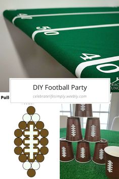 an image of a football party with paper cups on the table and other items for decoration